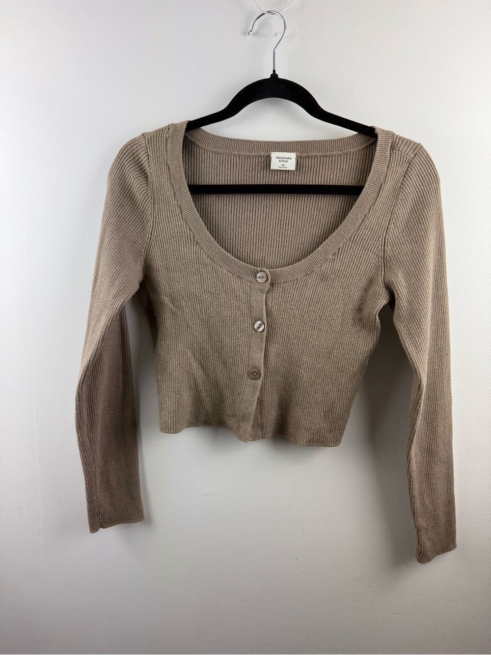 Abercrombie & Fitch Ribbed Scoop Neck Shrunken Knit Cardigan Taupe XS